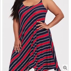 Red and Navy Jersey Handkerchief Hem Trapeze Dress